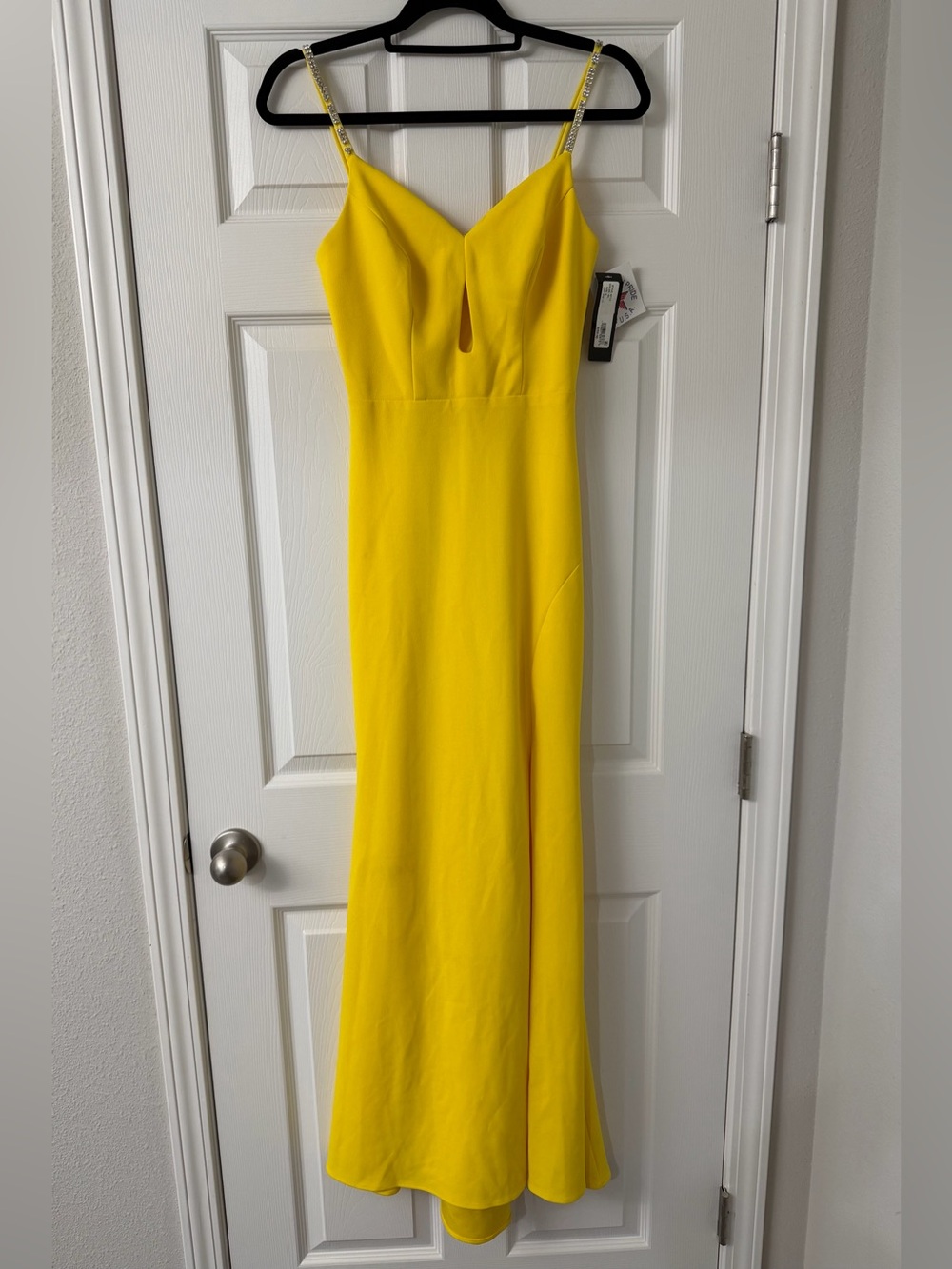 Xscape Yellow Rhinestone Spaghetti Strap Front-Slit Gown Size 0 - Picture 3 of 9